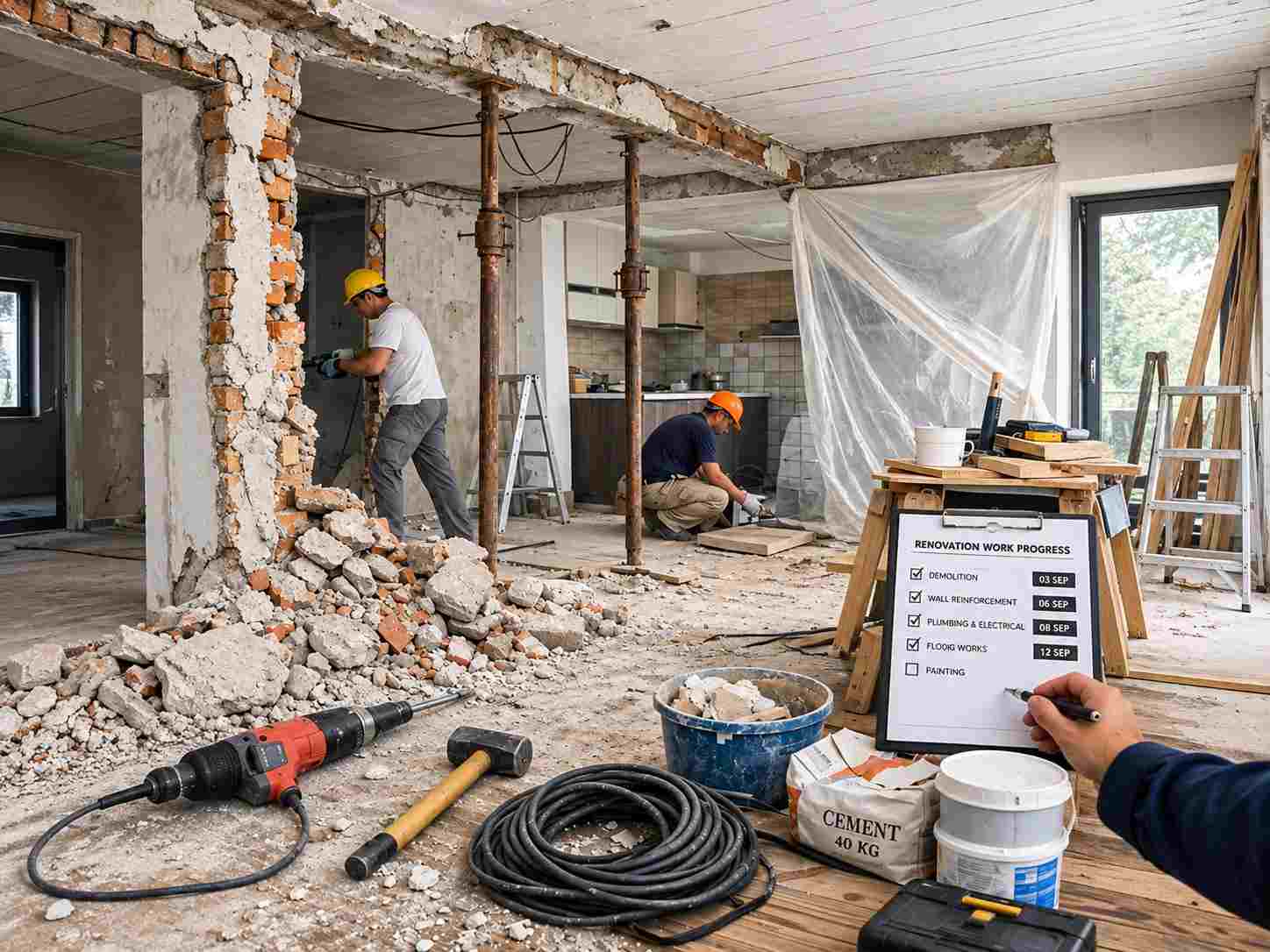 Alt text: Active renovation work site in Singapore showing quality construction and site supervision